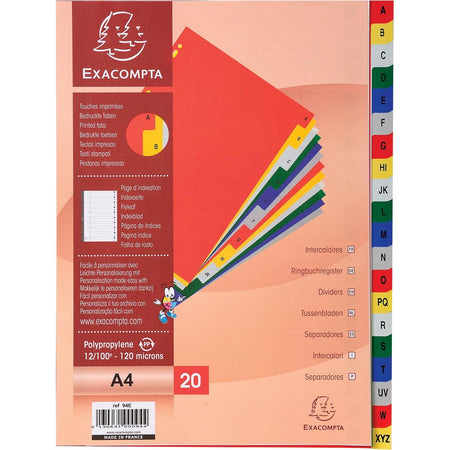 Exacompta - Onglets pour ft A4, en PP, de A à Z, 20 onglets, avec feuille intercalaire, couleurs assorties