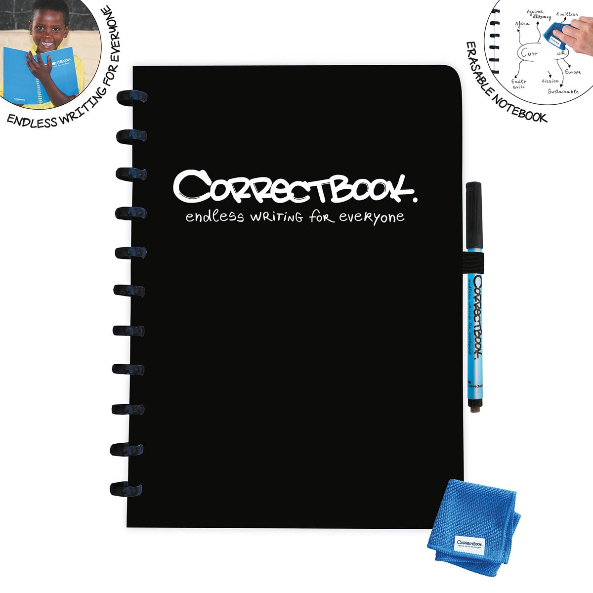 CorrectBook - A4 Original: Notebook excès / réutilisable, Blanco, Ink Black (noir)