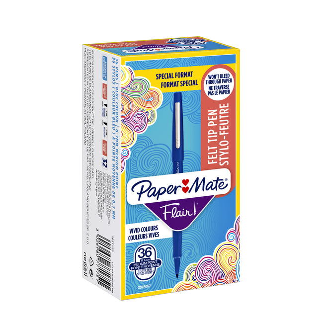 Paper Mate - Fineliner Flair Original bleu moyen, pack économique de 36 pièces