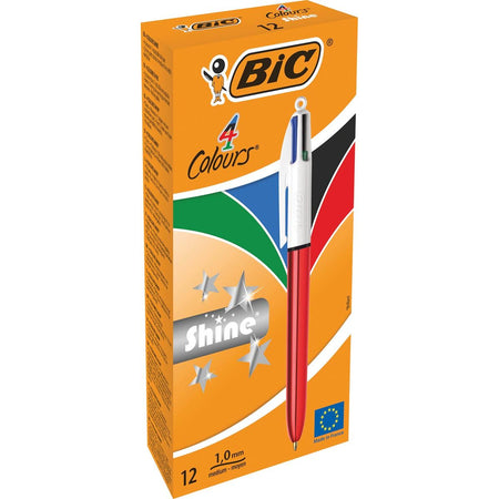 Bic - Stylo à bille Colors Shine 4 couleurs, moyen, couleurs d'encre classiques, corps rouge métallisé