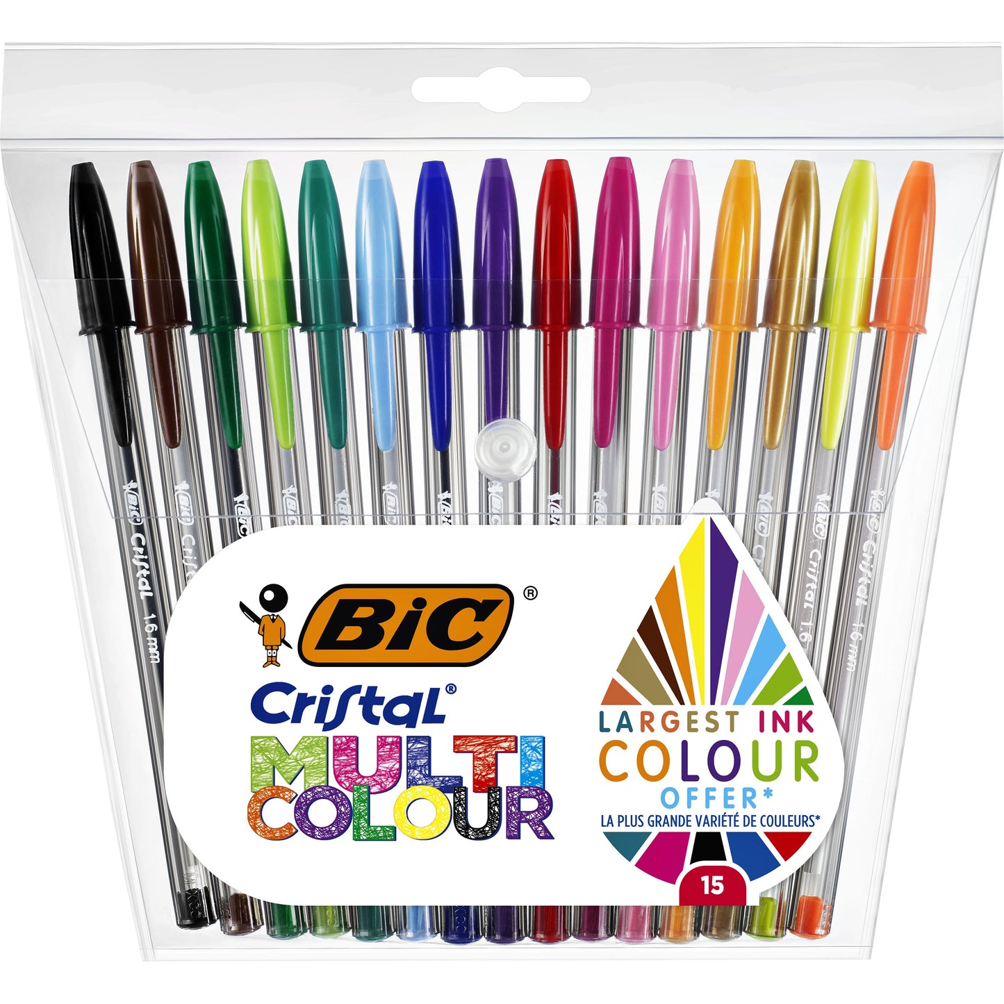 Bic - Stylo bille Cristal grand multicolore assorti 15 pièces