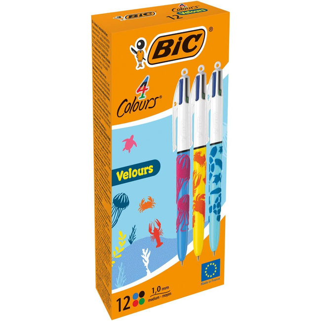 BIC - Farben Velours 4 -Color Ball Stift, mittel, klassische Tintenfarben, Schachtel mit 12 Teilen