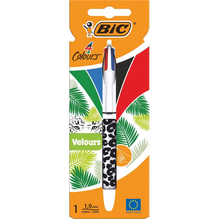 Bic - Stylo bille Colors Velours 4 couleurs, moyen, couleurs d'encre classiques, motifs différents, sous blister