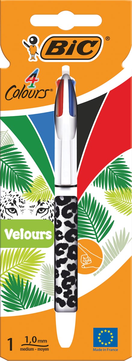 BIC - Couleurs Velour 4 -Color Ball Pen, moyen, Couleurs d'encre classiques, différents motifs, sur blister