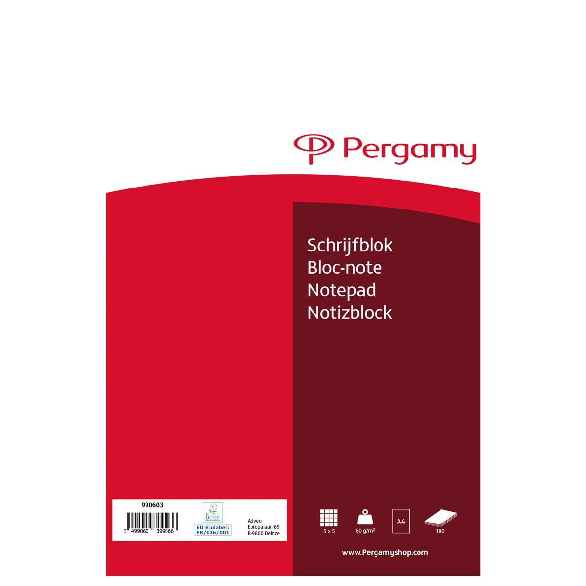 Pergamy -   schrijfblok, 60 g/m², ft A4, 100 vel, geruit 5 mm