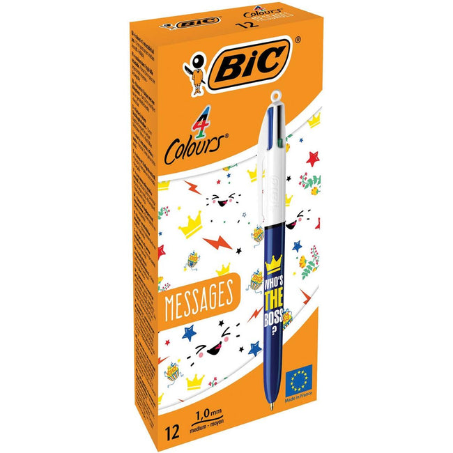 BIC - Couleurs Messages 4 -Color Ball Pen, Medium, Classic Ink Colors, boîte de 12 pièces