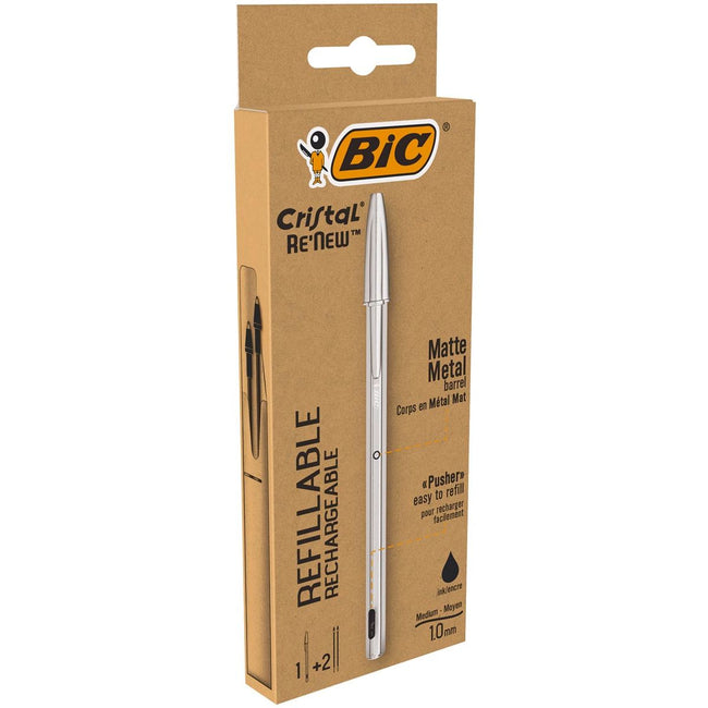 Bic - Balpen Cristal Re-new, zilveren lichaam, zwarte inkt, doos met 1 stuk en 2 navullingen