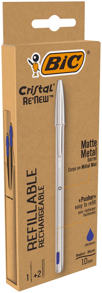 BIC - Kugelschreiber Cristal Re-new medium silber + 2 blaue Minen