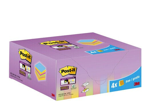 Post-it Super Sticky - Notes super autocollantes couleur, 90 feuilles, pi 47,6 x 47,6 mm, 20 + 4 GRATUITES