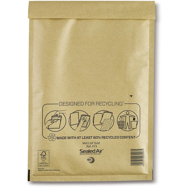 Mail Lite - Luftpolsterumschläge, Gold, F/3, 220 x 330 mm, Karton mit 50 Stück