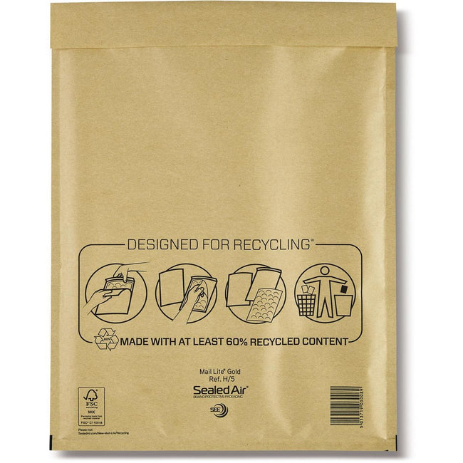 Mail Lite - Luftpolsterumschläge, Gold, H/5, 270 x 360 mm, Karton mit 50 Stück