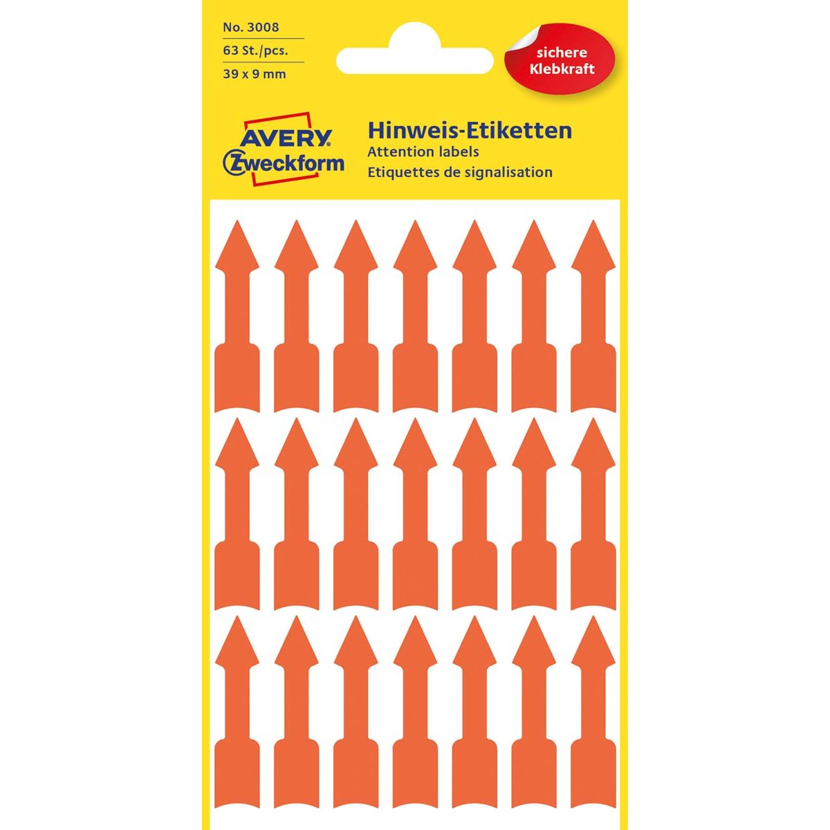 Avery -  Zweckform 3008, markeringspijlen, lichtrood, 3 vel, 63 per vel, 39 x 9 mm