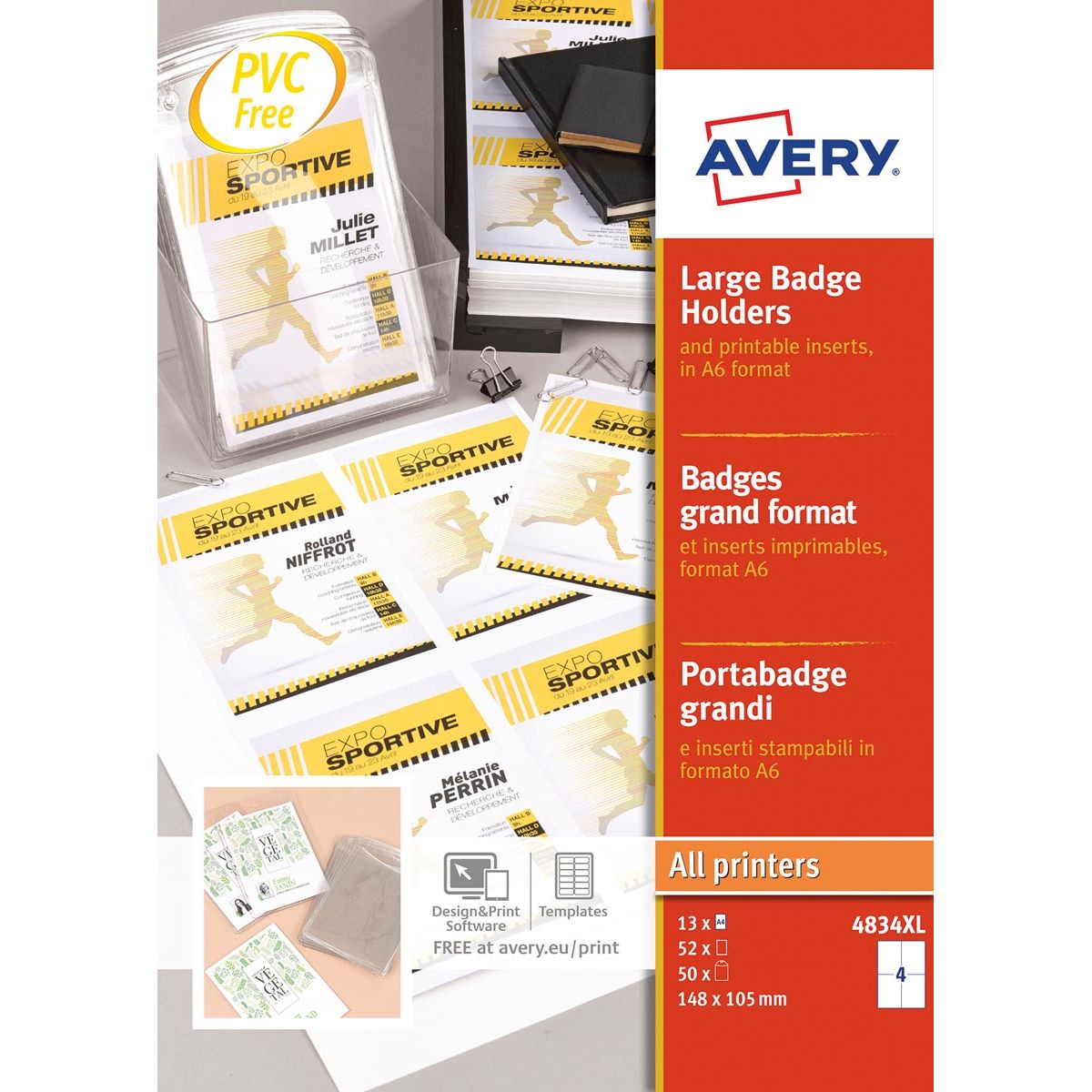 Avery - Grand badge, ft 10,5 x 14,8 cm, inserts compris, boîte de 50 pièces