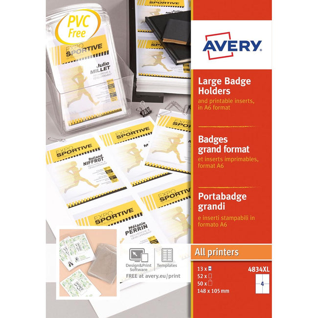 Avery - grand badge, ft 10,5 x 14,8 cm, y compris les inserts, boîte de 50 pièces