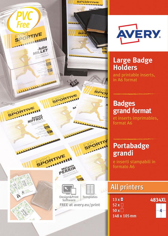 Avery - Grand badge, ft 10,5 x 14,8 cm, inserts compris, boîte de 50 pièces