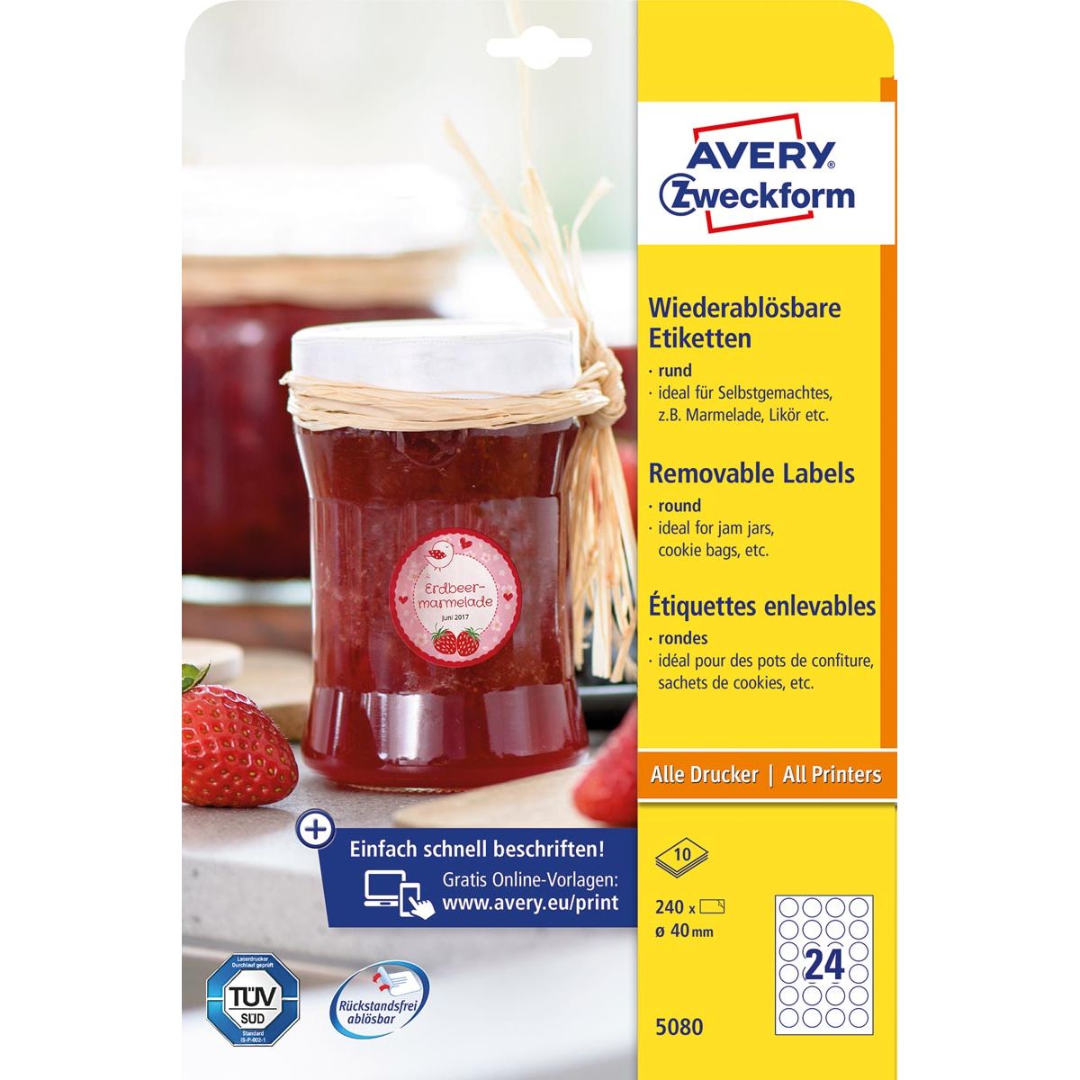 Avery Zweckform -  Zweckform ronde etiketten, diameter 40 mm, wit, afneembaar, 240 etiketten, 10 vellen