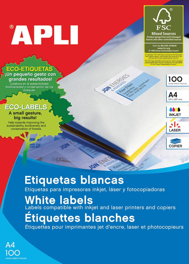 Apli - étiquettes blanches Ft 210 x 148 mm (l x h), 200 pièces, 2 par feuille (1264)