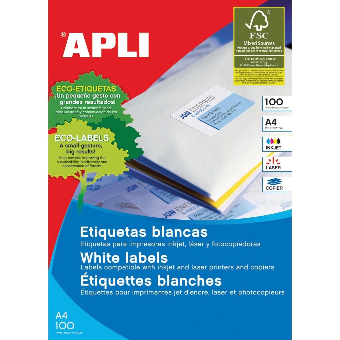 Apli - witte etiketten ft 70 x 37 mm (b x h), 2.400 stuks, 24 per blad (1273)