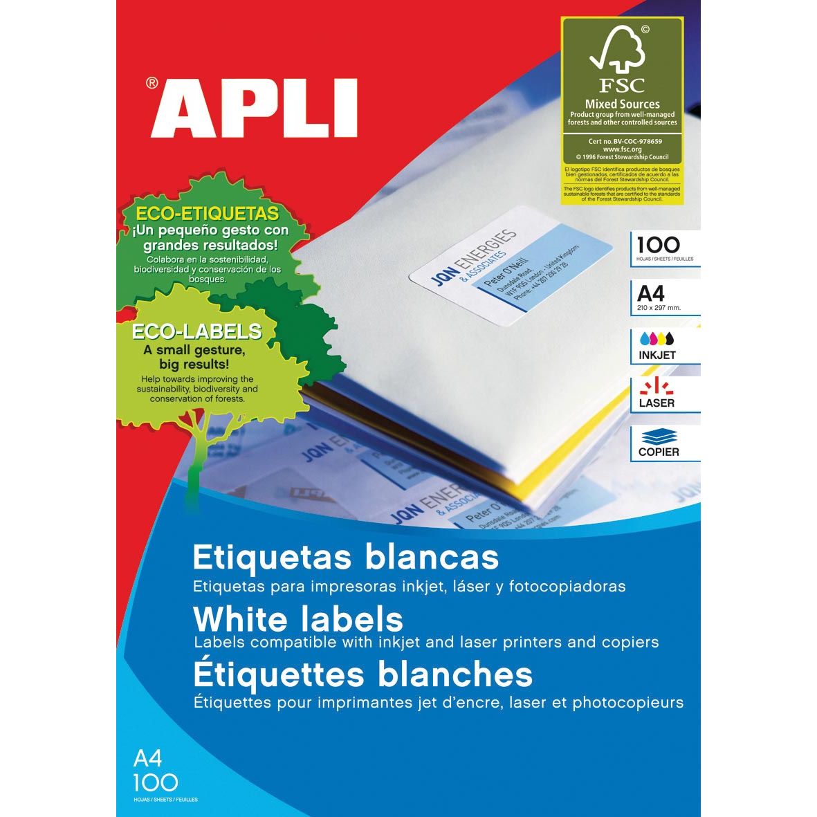 Apli -  witte etiketten ft 70 x 37 mm (b x h), 2.400 stuks, 24 per blad (1273)