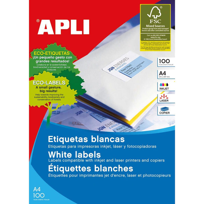 Apli -  witte etiketten ft 105 x 35 mm (b x h), 1.600 stuks, 16 per blad (1287)
