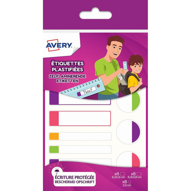 Avery -  Family gelamineerde etiketten, etui met 24 etiketten, geassorteerde formaten en fluo kleuren
