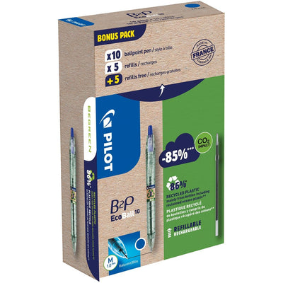 Pilot -  Ecoball B2P BeGreen balpen, medium punt, 0,3 mm 10 stuks + 10 vullingen, blauw