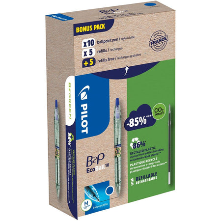 Pilot -  Ecoball B2P BeGreen balpen, medium punt, 0,3 mm 10 stuks + 10 vullingen, blauw