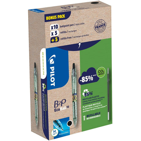 Pilot -  Ecoball B2P BeGreen balpen, medium punt, 0,3 mm 10 stuks + 10 vullingen, zwart