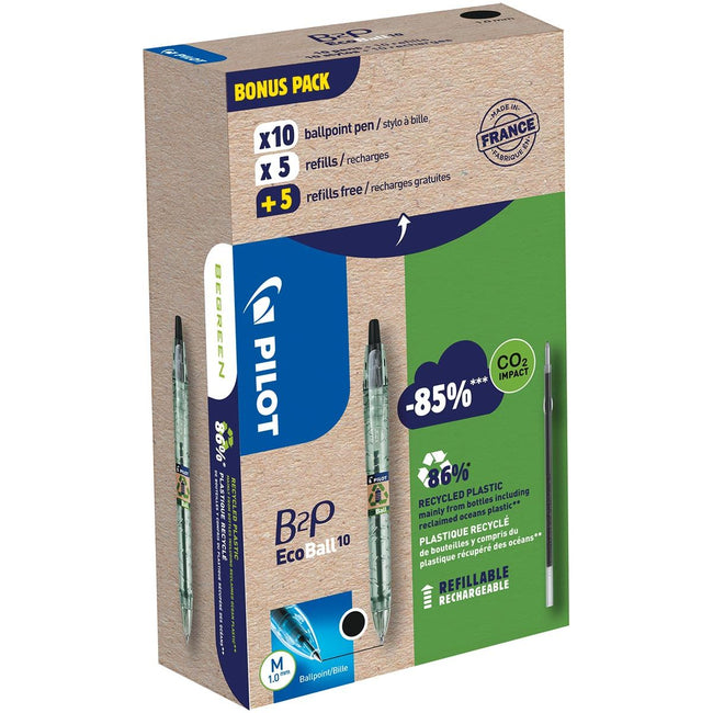 Pilot - EcoBall B2P BEKGENE Ballpoint Pen, point moyen, 0,3 mm 10 pièces + 10 garnitures, noir