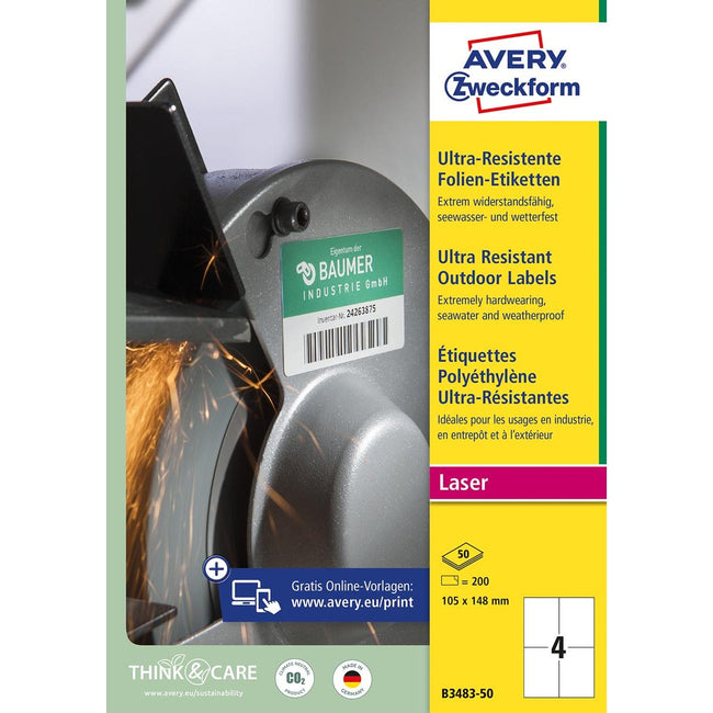 Avery -  ultra resistente etiketten, ft 105 x 148 mm, doos van 200 etiketten