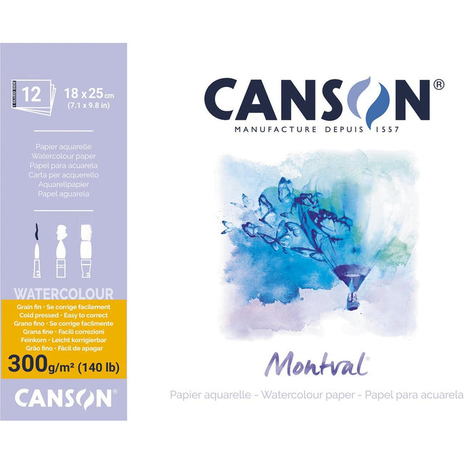 CANSON - Montval Aquarel Paper, blanc avec grain fin 300 g / m², pi 18 x 25 cm, bloc avec 12 feuilles