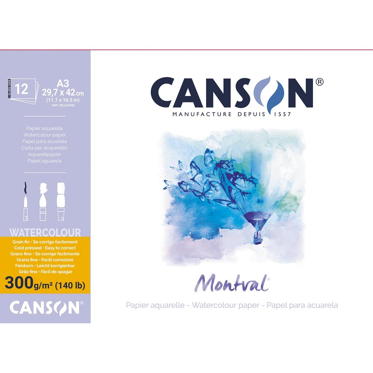 Canson - Montval Aquarelpapier, weiß mit feinem Getreide 300 g/m², ft A3, Block mit 12 Blättern