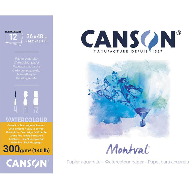 Canson – Montval Aquarellpapier, weiß mit feiner Körnung, 300 g/m², ft 36 x 48 cm, Block mit 12 Blatt