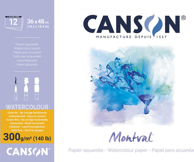 Canson – Montval Aquarellpapier, weiß mit feiner Körnung, 300 g/m², ft 36 x 48 cm, Block mit 12 Blatt