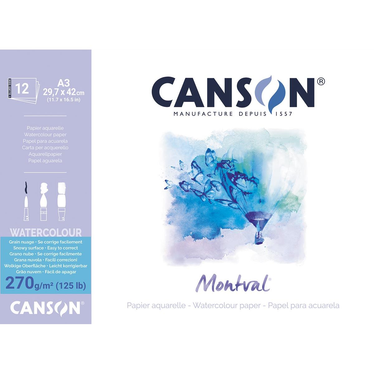 Canson - Papier aquarelle Montval, blanc gros grain 270 g/m², pi A3, bloc de 12 feuilles