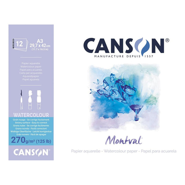 CANSON - Montval Aquarel Paper, blanc avec grain grossier 270 g / m², ft A3, bloc avec 12 feuilles