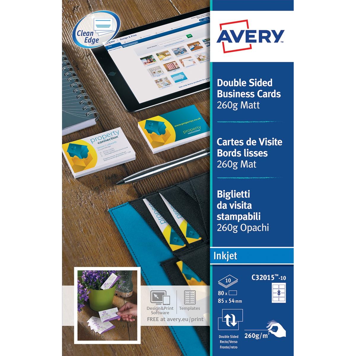 Avery -   visitekaarten voor inkjet Quick Clean mat, 80 kaartjes, 260 g/m²