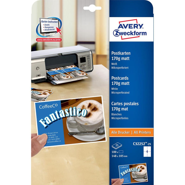 Avery Zweckform -  briefkaart, 170 g/m², 4 per blad, 100 stuks