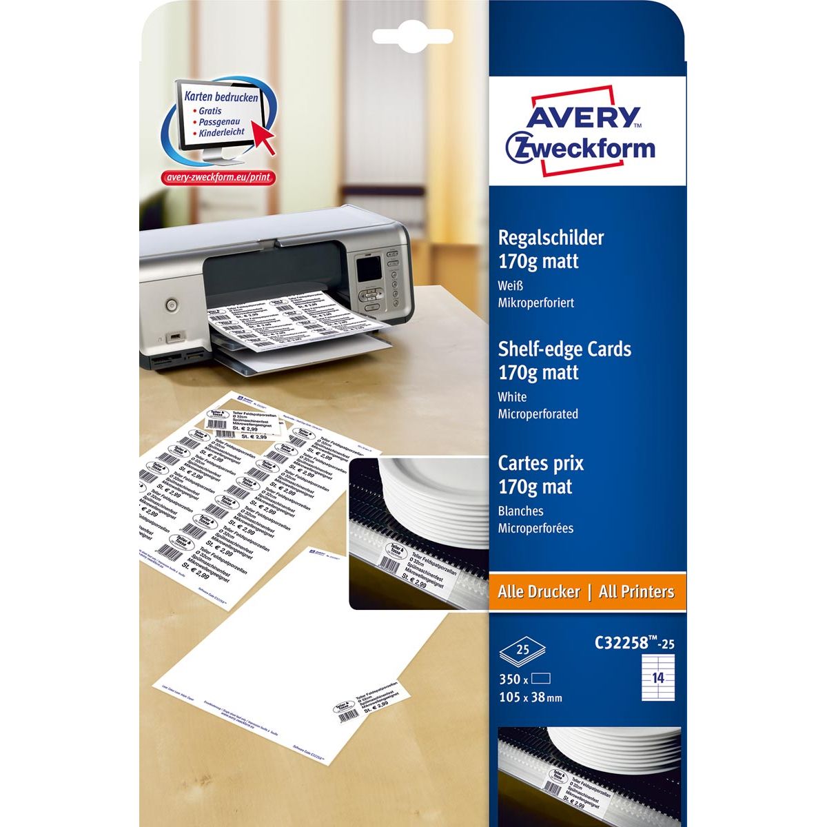Avery Zweckform -  schapkaarten ft 38 x 105 mm, 350 stuks, wit