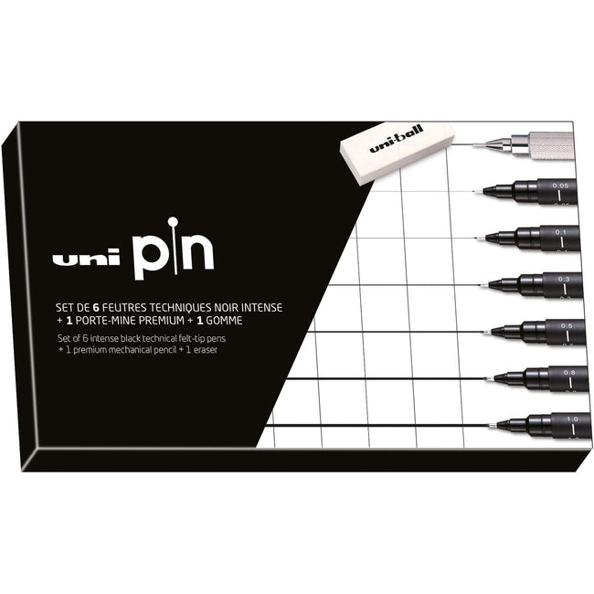 Uni-ball -  Uni Pin fineliner, ronde punt, zwart, doos van 6 stiften + vulpotlood en gom