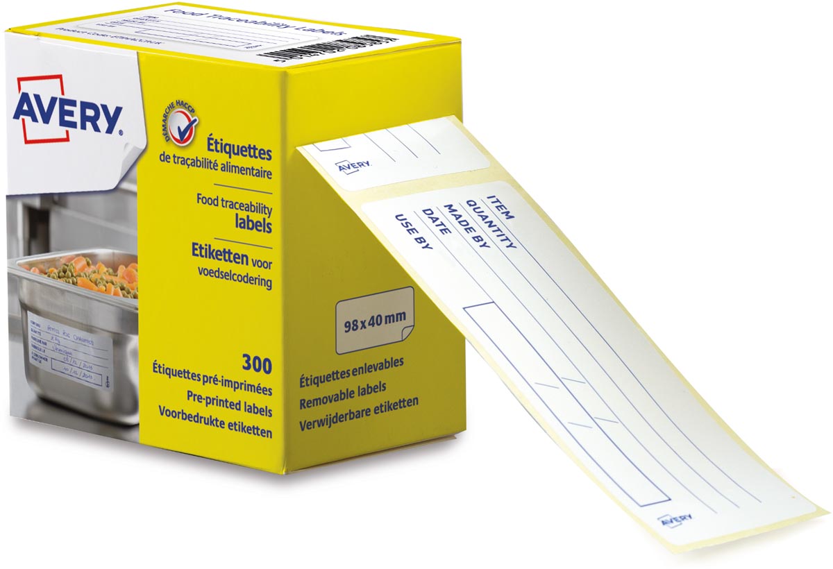 Avery -  etiketten voedselcodering, HACCP, ft 98 x 40 mm, dispenser van 300 afscheurbare etiketten, Engels