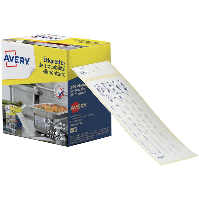 Avery - Étiquettes de codage alimentaire, FT 98 x 40 mm, 1 rouleau avec 300 étiquettes de déchirure dans le distributeur, français