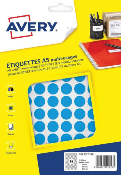 Avery -  Etiket A5 papier rond 15mm BLAUW 960 stuks 96 per vel