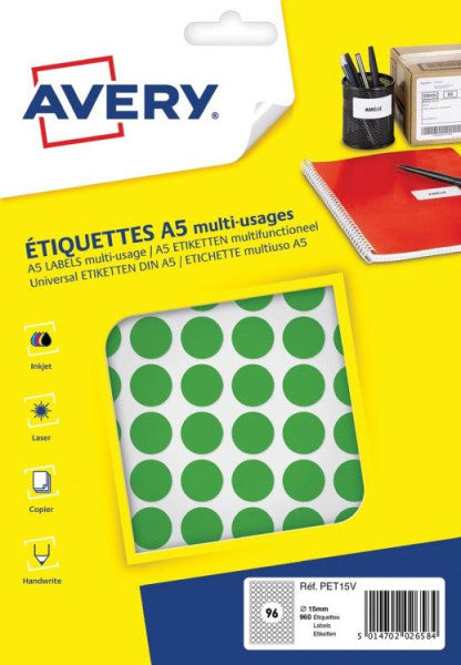 Avery -  Etiket A5 papier rond 15mm GROEN 960 stuks 96 per vel