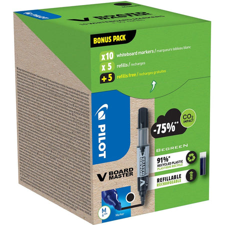 Pilot -  V-Board Master BeGreen whiteboardmarker, ronde punt, 2,3 mm, 10 stuks + 10 vullingen, zwart