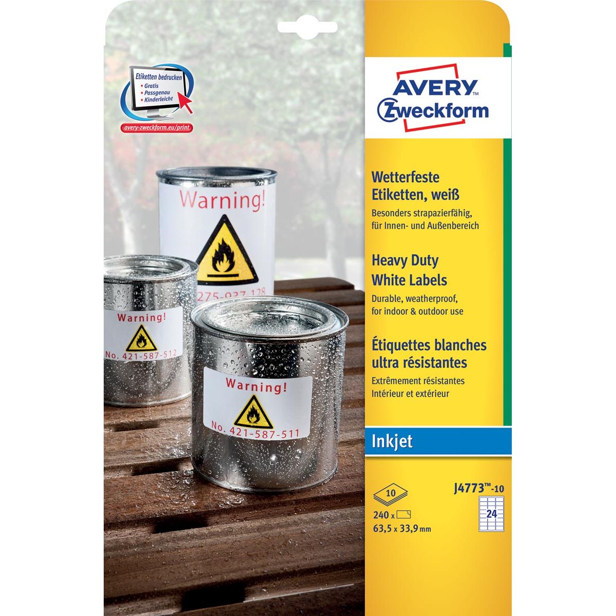 Avery Zweckform -  Zweckform J4773-10 weerbestendige etiketten ft 63,5 x 33,9 mm (b x h), 2.400 etiketten, wit