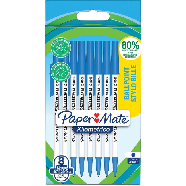 Paper Mate - Ballpoint Pin Kilométrico, moyen, ampoule de 8 pièces, bleu