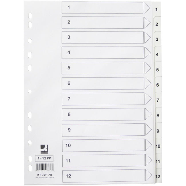 Q-CONNECT - onglets, A4, PP, perforation 11 trous, avec feuille d'index, jeu de 1-12, blanc