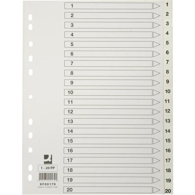Q-CONNECT - onglets, A4, PP, perforation 11 trous, avec feuille d'index, jeu de 1-20, blanc