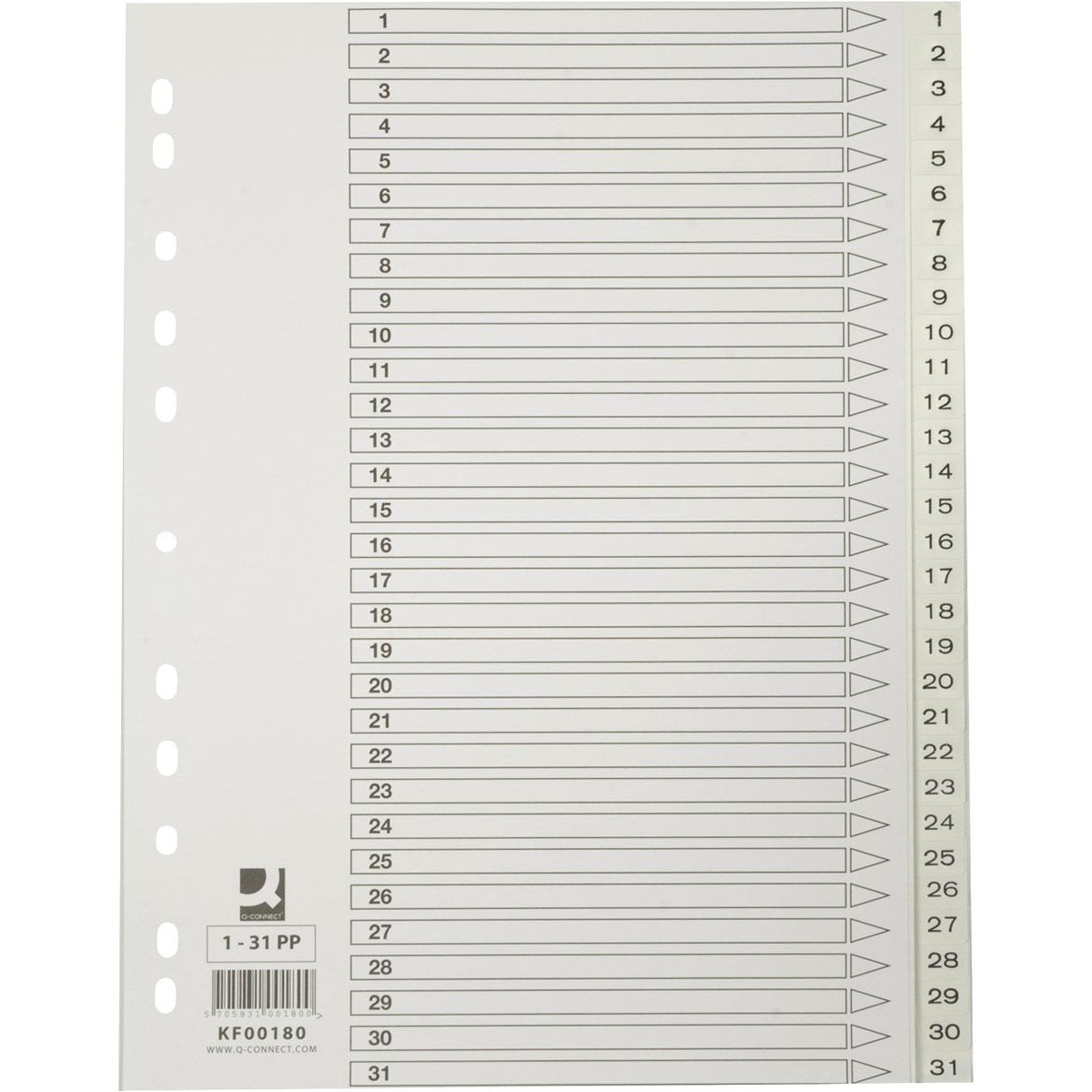 Q-CONNECT -   tabbladen, A4, PP, 11-gaatsperforatie, met indexblad, set van 1-31, wit